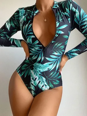 SHEIN Black One-Piece Rash Guard Swimsuit with Green Tropical Leaf Print thumbnail 3