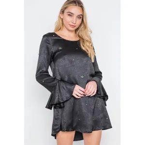 Love Riche Rhinestone Long Bell Sleeve Back Cut Out Mini Dress in Black thumbnail 2