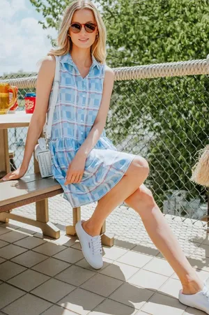 Tuckernuck Westport Trellis Sleeveless Hayes Shirt Dress Mini Blue Large L thumbnail 1