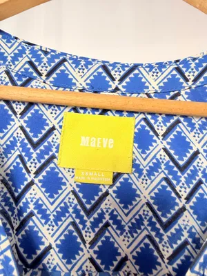 Maeve BY Anthropologie 3/4 Sleeve Geometric Print Dress‎ in Blue and White XS thumbnail 2