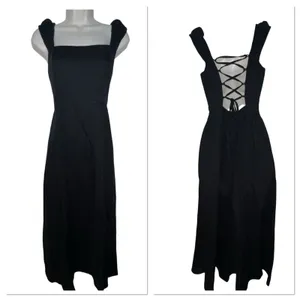 Zara Black Sleeveless Midi Dress Womens Size Small Linen Blend‎ Tie Back Goth thumbnail 2
