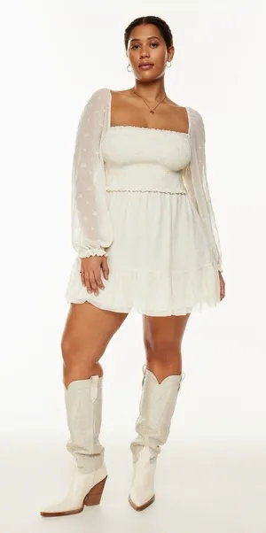 Aritzia Wilfred Tempest Smocked Chiffon Embroidered Mini Dress in Ivory Medium thumbnail 1