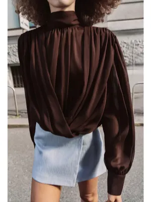 Zara NWT draped High-Neck Long-Sleeve mesh Blouse top Brown thumbnail 9