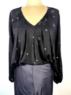 Women Blouse Large Black Celestial Star Print Sheer Whimsigoth Witchy Top thumbnail 1