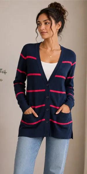 Old Navy Navy & Red Striped Cotton Blend Cardigan Size Small thumbnail 1