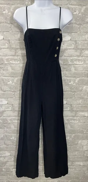 Urban Outfitters Black Spaghetti-Strap Wide-Leg Jumpsuit with Side Buttons thumbnail 1