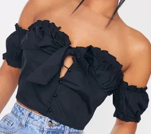 New s Petite Black Frill Detail Crop Blouse thumbnail 1