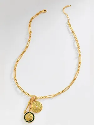 Anthropologie Gold Layered Charm Necklace with Green Enamel Accent thumbnail 1