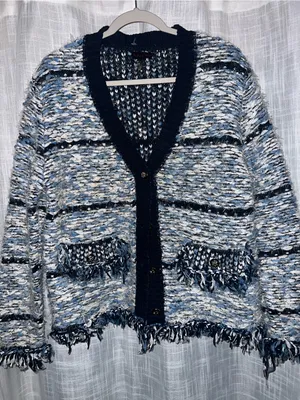 NWOT Hale Bob Amelie Genoveva Boucle Cardigan size large navy white fringe thumbnail 4