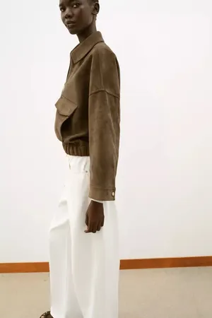 Zara Brown Tan Suede Faux Leather Bomber Jacket Outerwear thumbnail 9