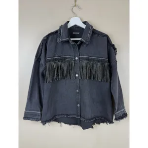 Denim Jacket Black Fringed Western Women’s Size S Embellished Festival Coachella thumbnail 2