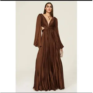 Ieena for Mac Duggal Brown Long Sleeve Pleated Full Skirt Cut Out Sides Gown 6 thumbnail 2
