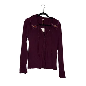 Free People Thermal Top Women Medium Plum NWT Embroidered Collar Henley Tie Neck thumbnail 2