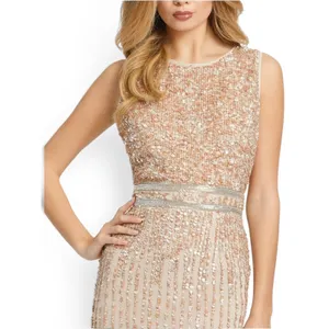 Mac Duggal Nude‎ Champagne Beaded Sequin Midi Sheath Cocktail Dress NWT Sz 8 thumbnail 4