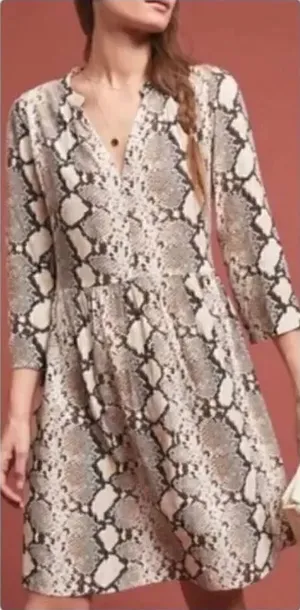 Anthropologie Women’s Juno Snake Skin Print 3/4 Sleeve Dress Brown Size XS thumbnail 1