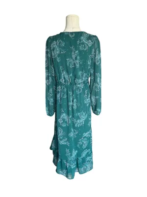 Lucky Brand - NWT Teal Paisley Chiffon Midi Dress Long Sleeve Metallic Sz M thumbnail 5