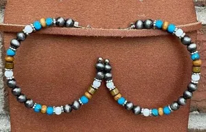 Navajo Style Pearl Hoop Earrings with Wood and Blue Beads thumbnail 1