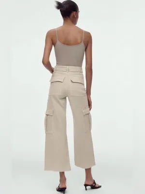 ZARA High Waisted Marine Cargo Jeans Raw Hem Khaki Beige Wide Leg Retro‎ Size 14 thumbnail 3