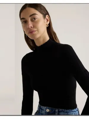 Quince Stretch Ribbed Organic Cotton Cashmere Long Sleeve Bodysuit Black Size S thumbnail 3