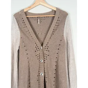 Free People‎ Wool Blend Lace Back Pointelle Cardigan Sweater Taupe Womens Small thumbnail 3