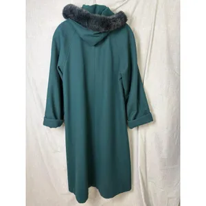 Donnybrook Wool Swing Coat Teal Green Rabbit Fur Trim Hood Vintage 90s Maxi 14 thumbnail 7