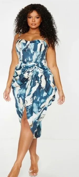 PrettyLittleThing-1939 Women's Blue Marble Print Sleeveless Midi‎ Skirt US 14 thumbnail 1