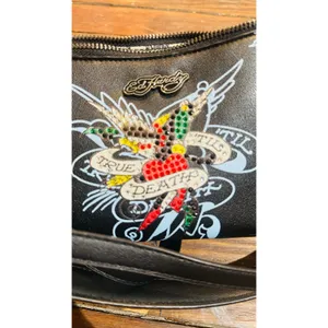 ED HARDY Y2K Black Red True Til Death Faux Leather Roses Shoulder Bag Purse thumbnail 14