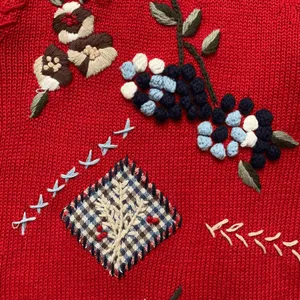 Vintage Red Embroidered Knit Sweater Vest Floral Cottagecore Medium Plaid Floral thumbnail 7