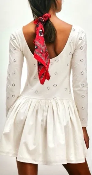 Free People White Eyelet Long Sleeve Drop Waist Mini Dress Sz L/G Romantic Boho thumbnail 1