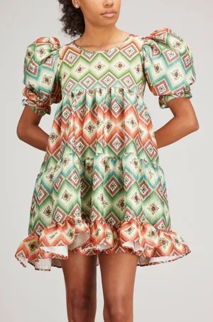Autumn Adeigbo Mini Dress Babydoll Green Orange Puff Sleeve Size 2 Eclectic Luxe thumbnail 1