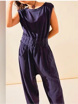 Free People Jamie Jumpsuit Sz Small Navy Blue Open Back Boho thumbnail 3