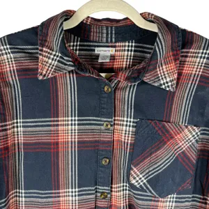 Carhartt Farwell Pullover Henley Flannel Shirt Large Navy Red Plaid Work Utility thumbnail 5