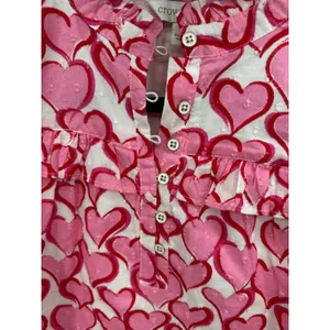Crown & Ivy Womens Large Pink White Heart Print Ruffle Clip Dot Cotton Blouse thumbnail 6