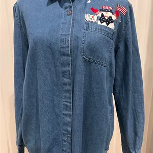Vintage Patriotic Denim embroidered button up shirt sleeve size medium petite thumbnail 1