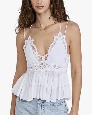 Free People Intimately Medium Adella Cami Top White Ruffled Crochet Lace Smocked thumbnail 1