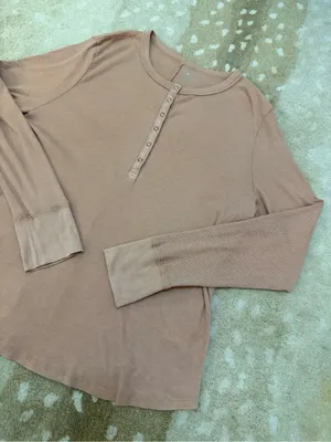 Aerie XXL camel tan Ribbed Long Sleeve Henley Top Snap Button Casual Basic thumbnail 4