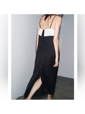 Zara Black and White Slip Maxi Dress with Spaghetti Straps thumbnail 3