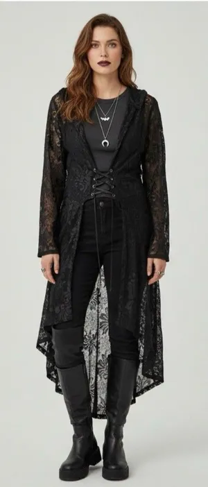Whimsigoth Witchy Goth Hooded Sheer Lace Maxi Duster Cardigan Black Victorian M thumbnail 1
