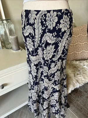 Ralph Lauren Vtg navy beige boho western country floral pull on midi skirt 10 L thumbnail 2