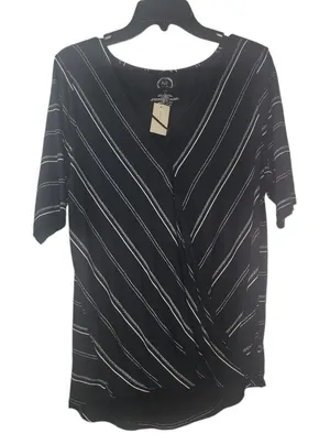 Maurices 24/7 Top Blouse Striped Faux‎ Wrap Elbow Sleeve Black White L thumbnail 1