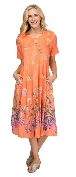 La Cera Orange Floral Button-Front Midi Dress Short Sleeve with Pockets Size M thumbnail 1