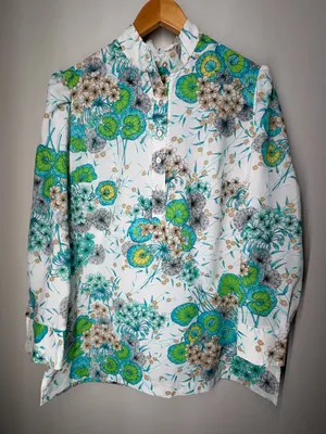 Vintage 70s Alex Colman Floral Mod Tunic Blouse Psychedelic‎ Button Front Top thumbnail 1
