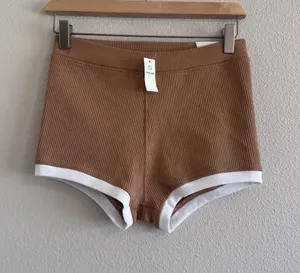NWT aerie super shortie Women’s Tan Ribbed Athletic Shorts with White Trim thumbnail 1