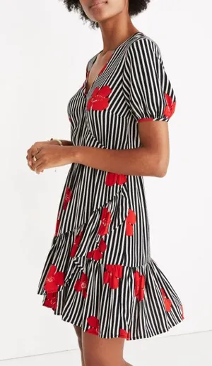 Madewell Women's Ruffle Wrap Mini Dress Candied Orchids Floral‎ Stripe Size 2 thumbnail 1