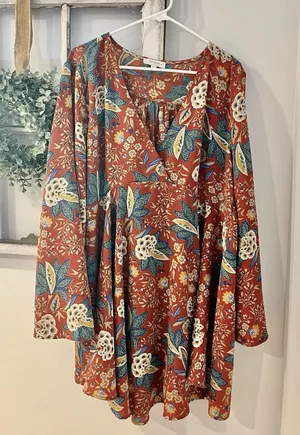 Umgee Plus 1XL Floral Paisley Chiffon Shift‎ Tunic Dress Orange Boho Bell Sleeve thumbnail 1