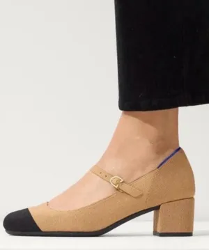 Rothy’s Camel Tan Mary Jane Block Heel Pumps with Black Cap Toe Sz 7.5 thumbnail 1
