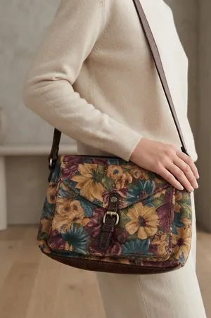 Patricia Nash Avellino Fresco Bouquet floral Italian Leather Crossbody Bag retro thumbnail 1