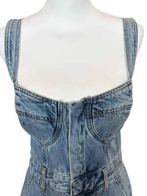 Lulus Denim Jumpsuit Sz Medium NWT Light Wash Date Night Out Brunch Bustier Fall thumbnail 6