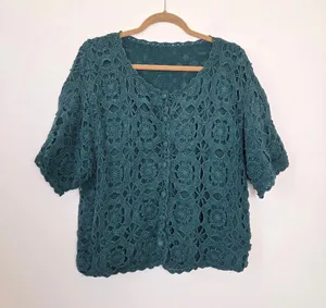 Noile Silk Exchange Blend Teal Green Floral Crochet Sweater Grannycore Cottage thumbnail 1