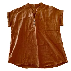Women's Brown Short Sleeve Cotton Linen Feel Tunic Style Top Size Large #260703 thumbnail 1